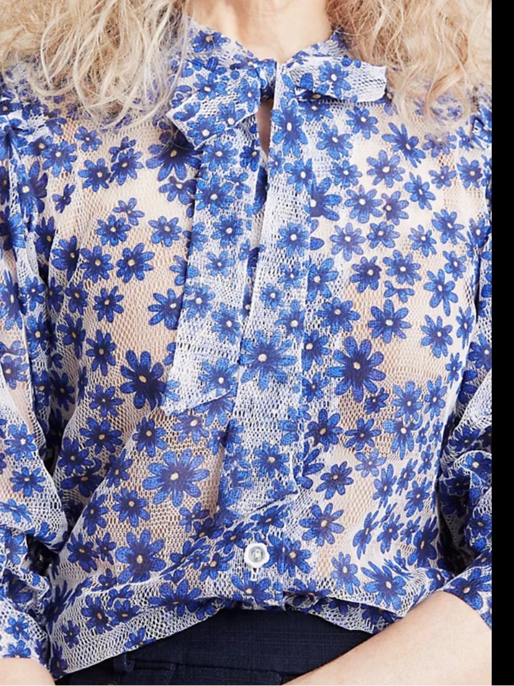 Eva Franco Blue Floral Tie-Neck Sheer Blouse